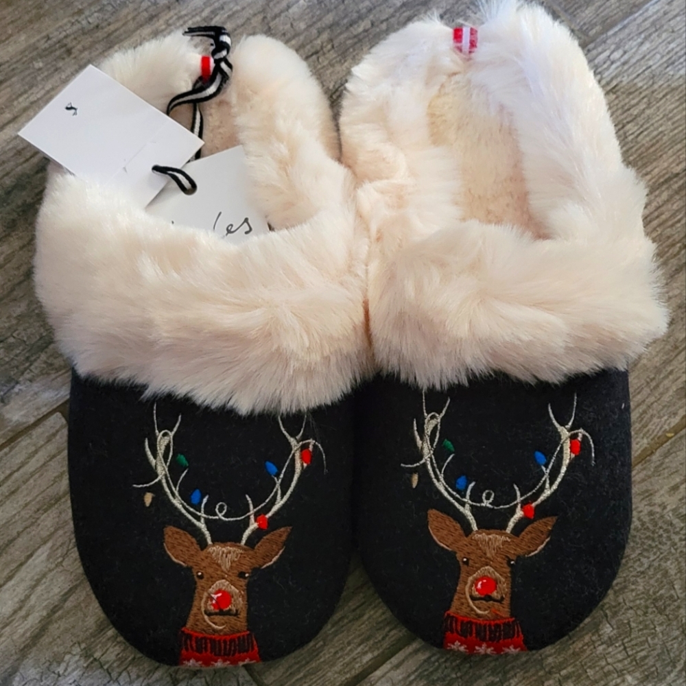 Joules REINDEER RUDOLPH Fur Lined Mule Slippers Embroidered Christmas Holiday